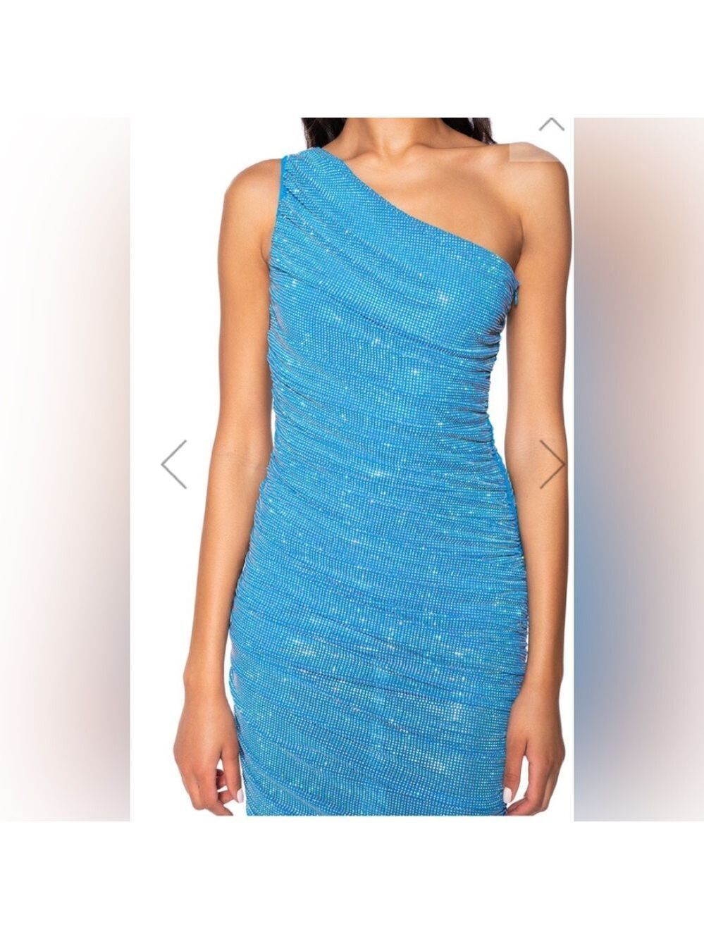 AKIRA She’s That Girl Rhinestone embellished one shoulder ruched Midi Dress Blue